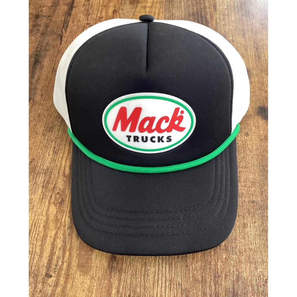 Mack Trucks Hat Mens Black White Mesh Snapback Trucker Cap Green Rope